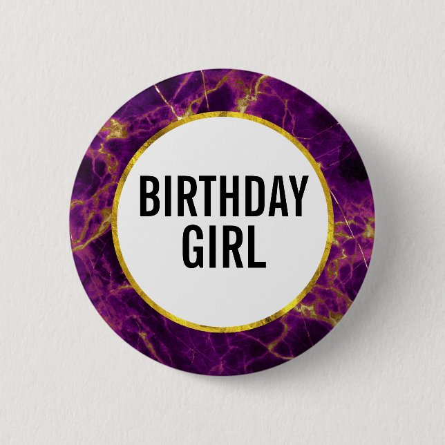 Modern Lila och Guld Marblored Birthday Girl Knapp (Framsida)