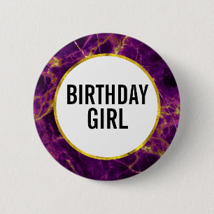 Modern Lila och Guld Marblored Birthday Girl Knapp