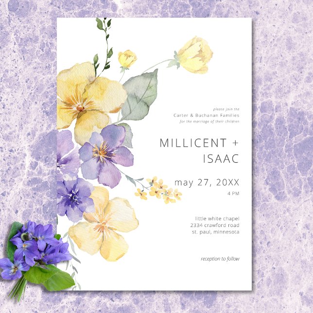 Modern Lila och Gult bryter mot Blommigten Bröllop Inbjudningar (Modern Purple & Yellow Violets Floral Wedding Invitation)
