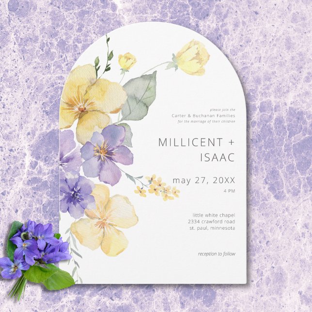 Modern Lila och Gult bryter mot Blommigten Bröllop Inbjudningar (Modern Purple & Yellow Violets Floral Wedding Invitation)