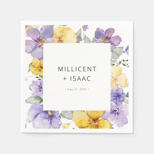 Modern Lila och Gult bryter mot Blommigten Bröllop Pappersservett (Framsidan)