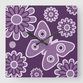 Modern Lila och lavender Blommigt Vår Butterfly Fyrkantig Klocka