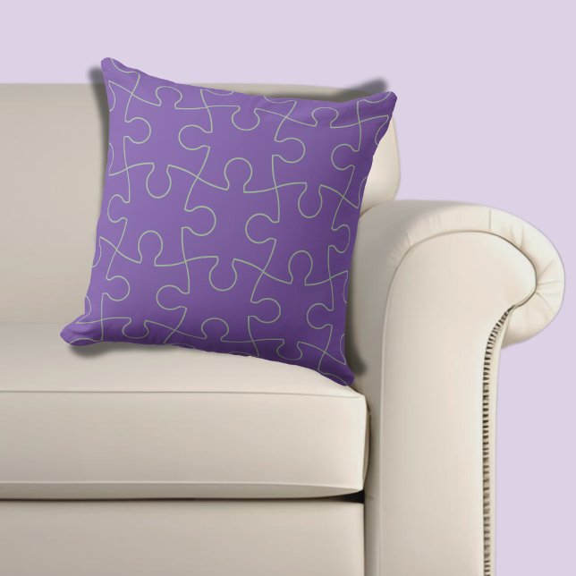 Modern Lila och Ljust grönt Jigszawa Puzzle Mönste Kudde (Modern Purple & Light Green Jigsaw Puzzle Pattern Throw Pillow)