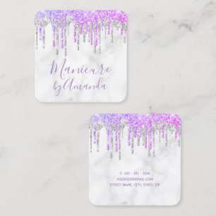 Modern lila och marmor glitter droppar manikyr fyrkantigt visitkort