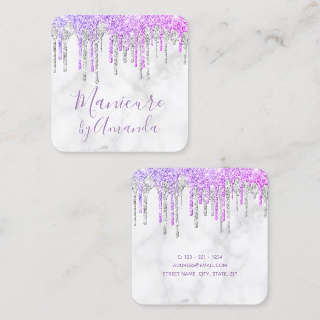 Modern lila och marmor glitter droppar manikyr fyrkantigt visitkort (Fram/baksida)