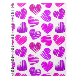 Modern Lila och Rosa Doodled Hearts Valentine Anteckningsbok Med Spiral