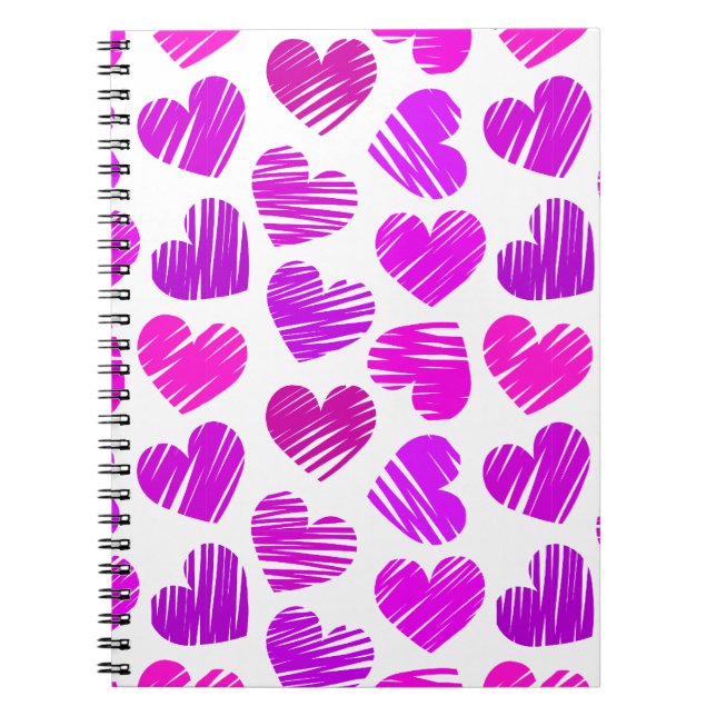 Modern Lila och Rosa Doodled Hearts Valentine Anteckningsbok Med Spiral (Framsidan)