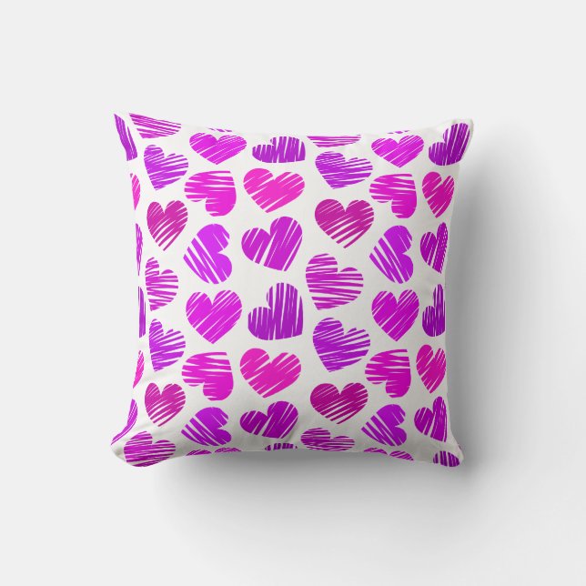 Modern Lila och Rosa Doodled Hearts Valentine Kudde (Framsida)