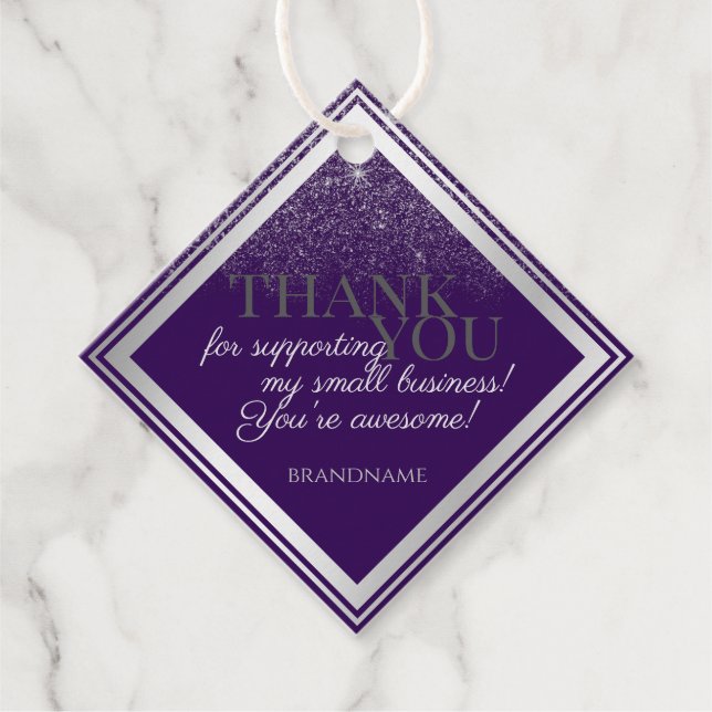 Modern Lila och Silver Glitter Rain Tack Gåvor Etiketter (Framsida)