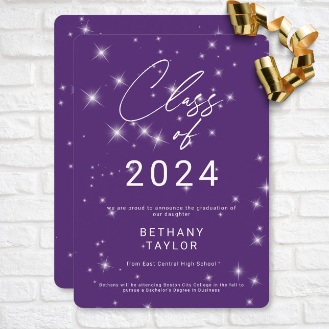 Modern Lila och vit Gnistra Studenten Meddelande (Modern Purple & White Sparkle Graduation Announcement)