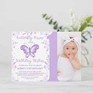 Modern Lila Photo Blommigt Butterfly 1:a födelseda Inbjudningar