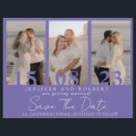 Modern Lila Photo Collage Spara datumkortet Reklamblad<br><div class="desc">Underbar chic och modern Spara datumkorten för bröllop. Spara datumkortets kom med anpassadets fotokollage stil om paret och extra på baksidan. Bröllop-korten är lätta att anpassade och har en låg budget.</div>