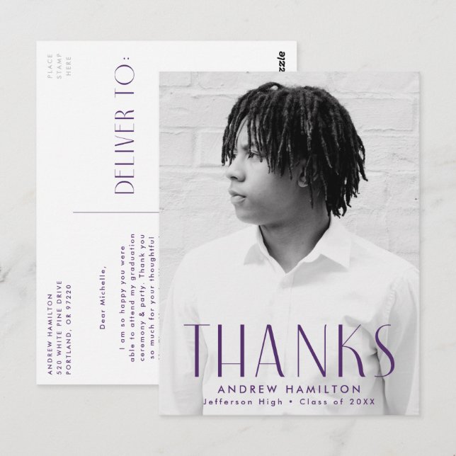 Modern Lila Photo Studenten Tack Vykort (Fram/baksida)