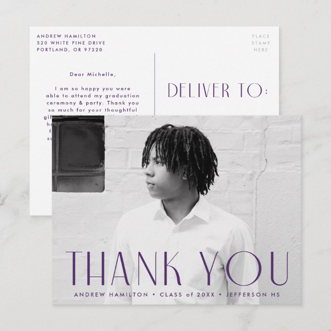 Modern Lila Photo Studenten Tack Vykort (Fram/baksida)