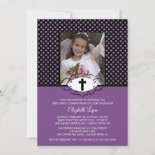 Modern Lila Polka dots First Communion Ination Inbjudningar