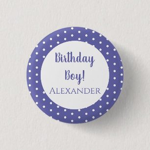 Modern Lila Polka dots Namn Birthday Boy Knapp