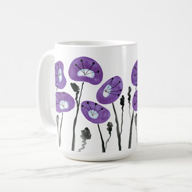 Modern Lila Poppies Watercolor Flowers Tea och Kaffemugg (Framsida vänster)
