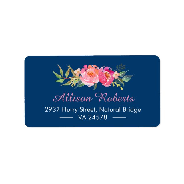 Modern Lila Red Rosa Botanical Blommigt Navy Blue Adressetikett (Framsidan)