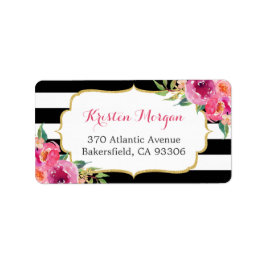 Modern Lila Red Rosa Fuchsia Blommigt BW Rand Adressetikett