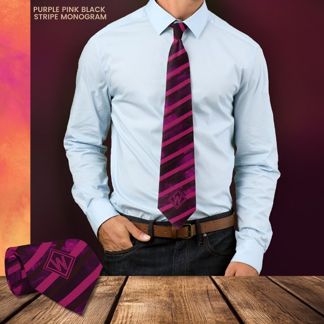 Modern Lila Rosa Black Rand Monogram Neck Tie Slips (Modern Purple Pink Black Stripe Monogram Neck Tie)