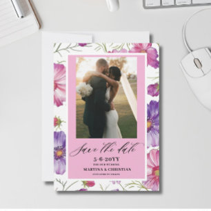Modern Lila Rosa Blommande Skript Foto Bröllop Spara Datumet