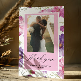 Modern Lila Rosa Blommar Script Photo Bröllop Tack Kort