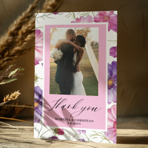 Modern Lila Rosa Blommar Script Photo Bröllop Tack Kort