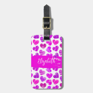 Modern Lila Rosa Doodled Hearts Valentine Namn Bagagebricka