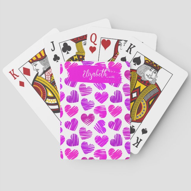 Modern Lila Rosa Doodled Hearts Valentine Namn Casinokort (Baksidan)