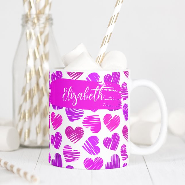 Modern Lila Rosa Doodled Hearts Valentine Namn Kaffemugg (Skapare uppladdad)