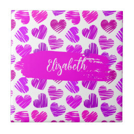 Modern Lila Rosa Doodled Hearts Valentine Namn Kakelplatta