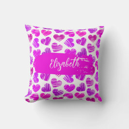 Modern Lila Rosa Doodled Hearts Valentine Namn Kudde