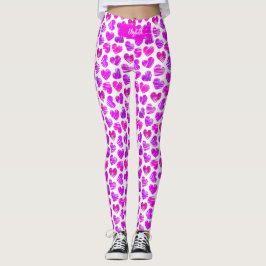 Modern Lila Rosa Doodled Hearts Valentine Namn Leggings