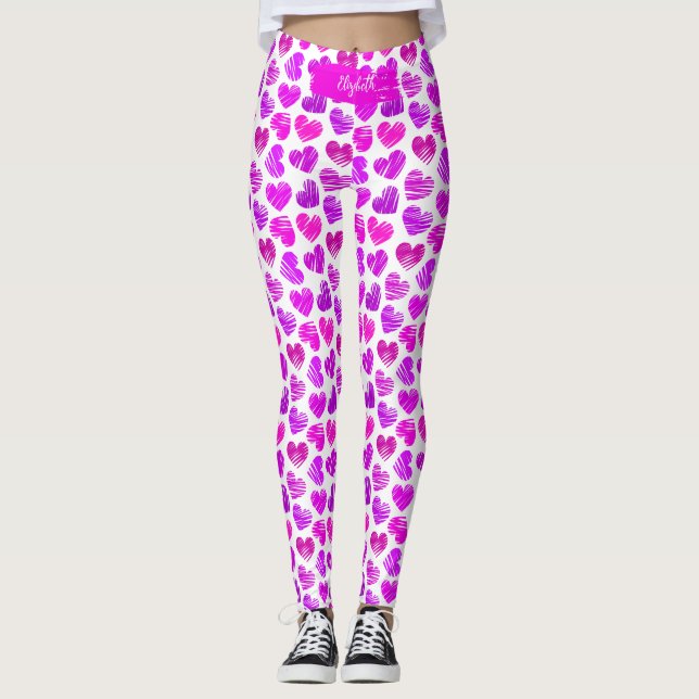 Modern Lila Rosa Doodled Hearts Valentine Namn Leggings (Framsida)