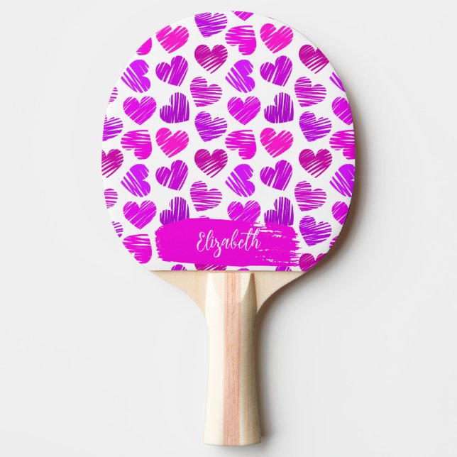 Modern Lila Rosa Doodled Hearts Valentine Namn Pingisracket (Framsidan)