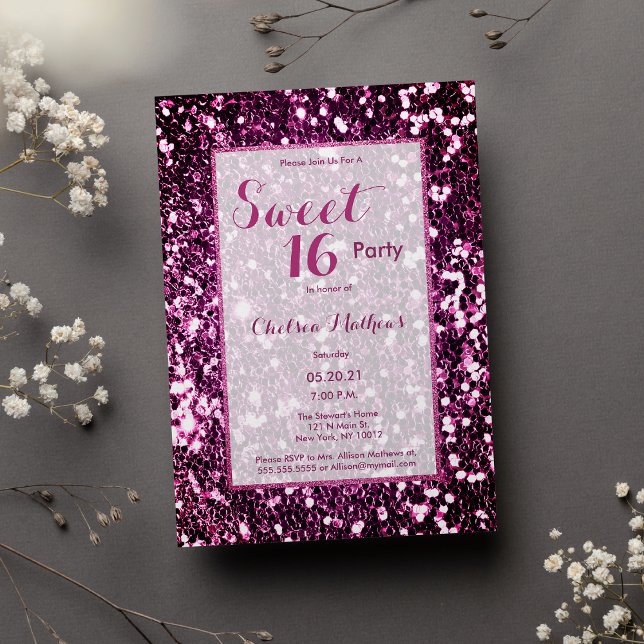 Modern lila rosa giftigt trendig sekvin Sweet 16 Inbjudningar (Modern purple pink girly trendy sequin Sweet 16 )