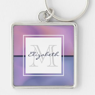 Modern Lila & Rosa Swirling Abstrakt Monogram Fyrkantig Silverfärgad Nyckelring