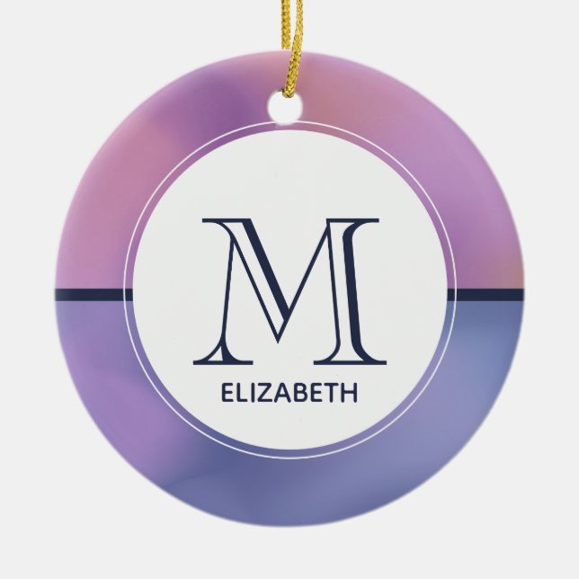 Modern Lila & Rosa Swirling Abstrakt Monogram Julgransprydnad Keramik (Framsidan)