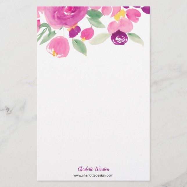 Modern lila rosa vattenfärgsblommor i lös blommigt brevpapper (Framsida)