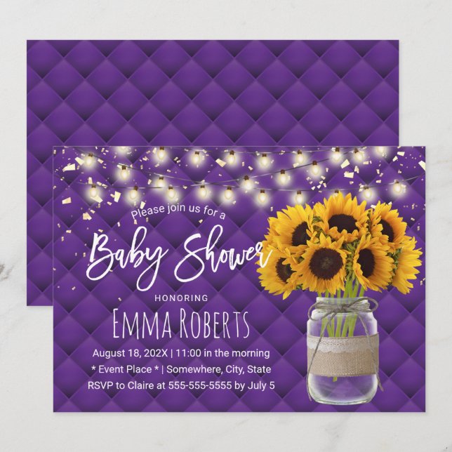Modern Lila Rustic Sunsun Burk Baby Shower Inbjudningar (Fram/baksida)