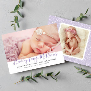 Modern Lila Script Flicka Photo Birth Meddelande