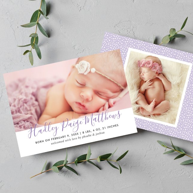 Modern Lila Script Flicka Photo Birth Meddelande (Skapare uppladdad)
