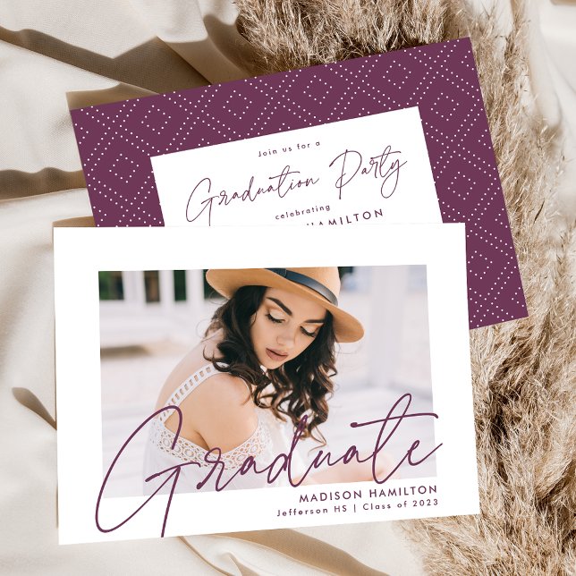 Modern Lila Script Photo Studentfest Inbjudningar (Skapare uppladdad)