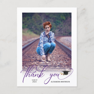 Modern Lila Script PhotoGraduation-Tack Vykort