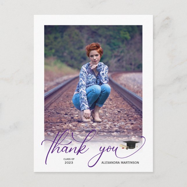 Modern Lila Script PhotoGraduation-Tack Vykort (Framsida)