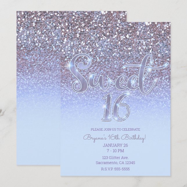 Modern Lila Silver Glam Glitter Sweet 16 Inbjudningar (Fram/baksida)