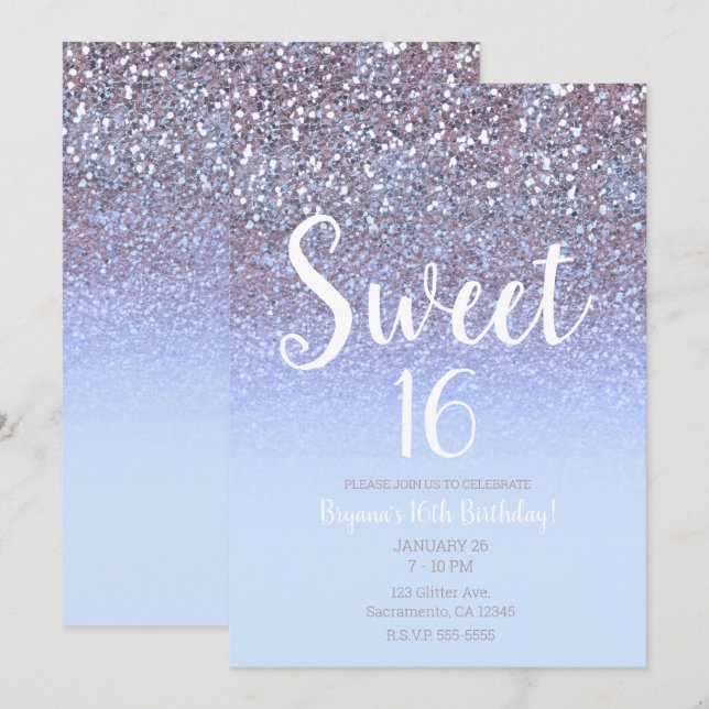 Modern Lila Silver Glam Glitter Sweet 16 Inbjudningar (Fram/baksida)