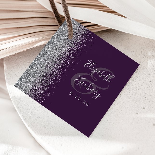 Modern Lila Silver Glitter Bröllop Gåvor Etiketter (Skapare uppladdad)
