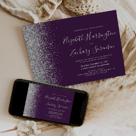 Modern lila silver glitter bröllop inbjudningar