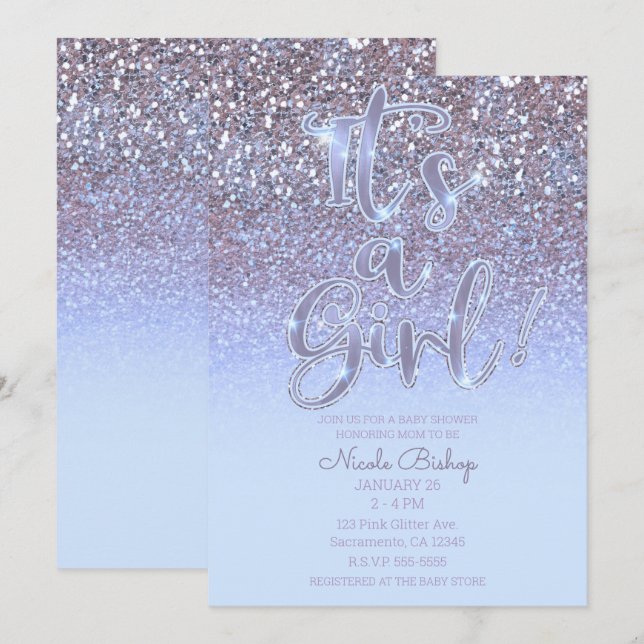 Modern lila silver glitter glamour baby shower för inbjudningar (Fram/baksida)